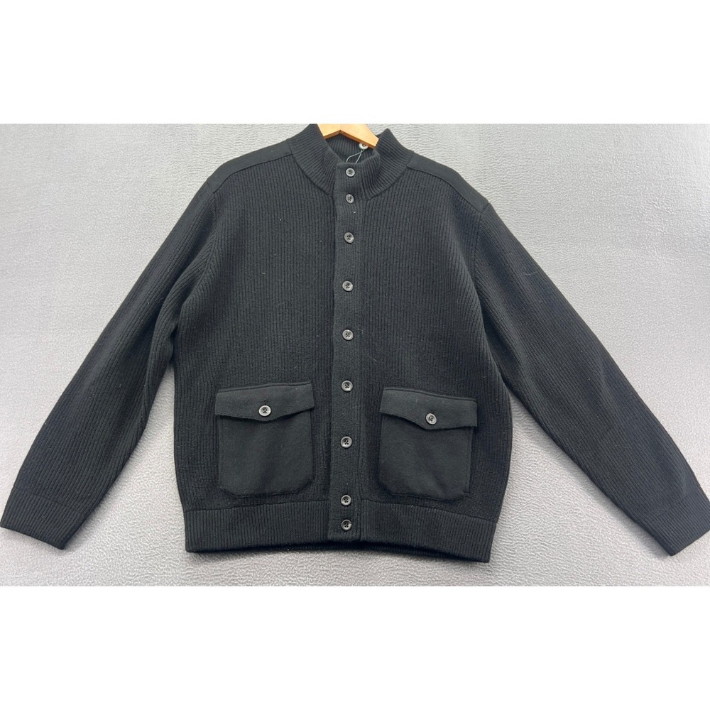 Viyella London Sweater Mens Ribbed Button Front Cardigan Black Mock Neck XL